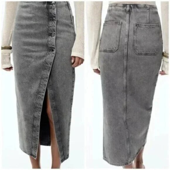[⭐ PRICE FIRM] ZARA Denim Crossover Midi Skirt in Dark Gray Z1975 SMALL S - Picture 1 of 16